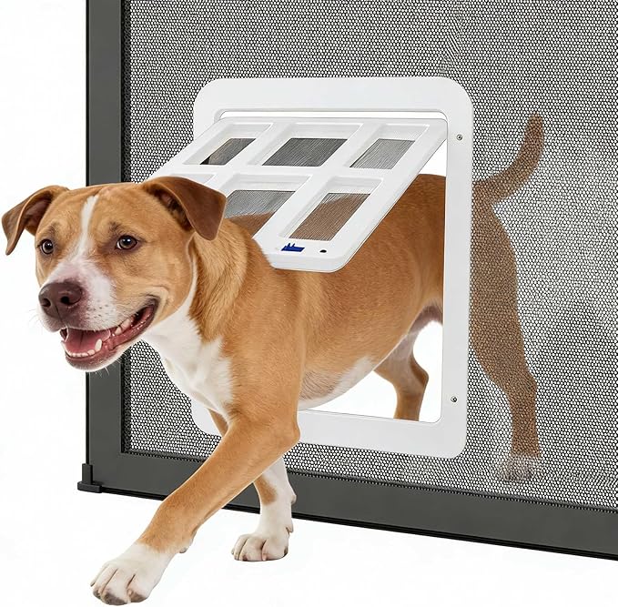 Enjoying Dog Door for Screen Doors, Passage Opening 11.2" x 14.4", Access Freely, Magnetic Swing Flap, Large Pet Door for Sliding Screen Doors, Lockable, White