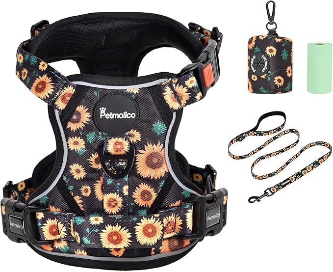 Petmolico No Pull Dog Harness Set with Leash Attachment Easy Control Handle Reflective Harness Vest Small Breed, Puppy Vest and Leash Set with Poop Bag Holder, Medium - Sunflower