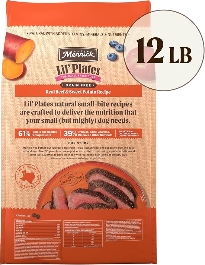 Merrick Lil’ Plates Premium Grain Free Dry Dog Food For Small Dogs, Real Texas Beef And Sweet Potato Kibble - 12.0 lb. Bag