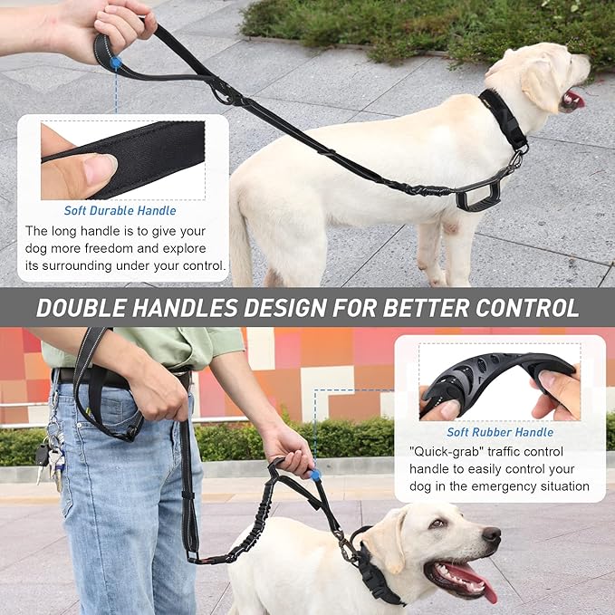 Hotsky Tactical Dog Leash Heavy Duty for Medium Large Dogs that Pull,4-6Ft Strong Bungee Shock Absorbing No Pull Dog Leash with Padded Double Handle and Car Seatbelt,Reflective Black