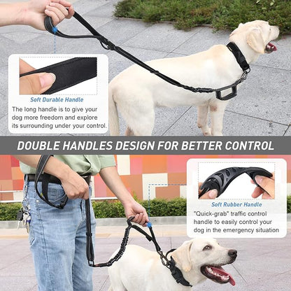 Hotsky Tactical Dog Leash Heavy Duty for Medium Large Dogs that Pull,4-6Ft Strong Bungee Shock Absorbing No Pull Dog Leash with Padded Double Handle and Car Seatbelt,Reflective Black