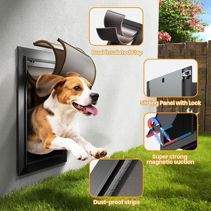 Doggy Door, All Aluminum Dog Door for Wall, Medium Doggie Pet Door, with Closing Panel, 2 Magnetic Flaps Energy Efficient, Wide Telescoping Tunnel for Interior & Exterior Walls, Pet Up to 45Lbs Black