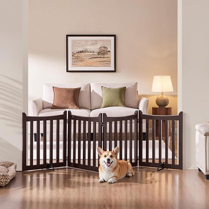 Yaheetech 24" H Freestanding Pet Gate for Dogs Wooden Dog Gates for Hallway, Doorway Collapsible Indoor Pet Fence with Support Feet Stair Barrier 4 Panels Fence Espresso