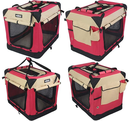 EliteField 4-Door Folding Soft Dog Crate with Curtains, Carrying Bag and Fleece Bed (2 Year Warranty), Indoor & Outdoor Pet Home (42" L x 28" W x 32" H, Red+Beige)