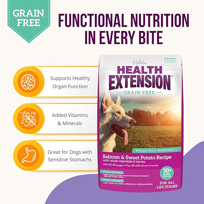 Health Extension Grain Free Salmon & Sweet Potato Dry Dog Food - 30+ Superfoods and Probiotics for All Life Stages (10 lb)