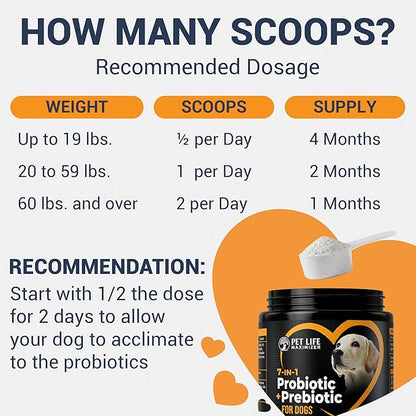 7-in-1 Probiotic + Prebiotic for Dogs. For Digestive Health, Yeast, Itchy Skin, Itchy Ears, Paw Licking. Dog Gut Health Probiotics Supplement 5 Billion CFU Multi-Strain Formula. Daily Powder Topper