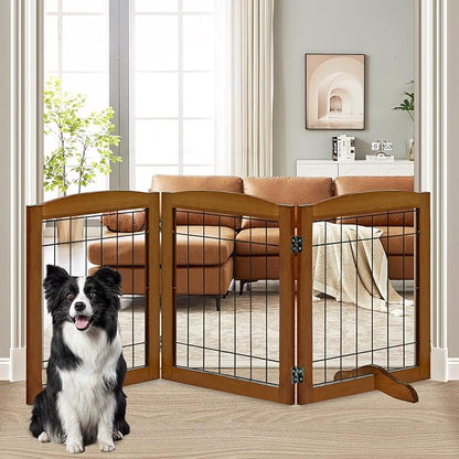 LZRS 3-Panel Freestanding Adjustable Wooden Dog Gate—30" Tall Foldable Pet Barrier with Support Feet, Chew-Resistant Solid Hardwood & Steel Wire Safety Fence for Doorways, Hallways, and Stairs, Cherry