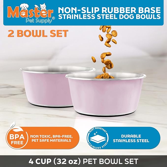 Master Pet Supply Stainless Steel Dog Bowls Set of 2 (32 Oz Each) with Non-Slip Rubber Base - Rose Quartz - Basic Dog Food Bowl Water & Food Bowls for Small Medium Large Dogs & Cats, Metal Dish