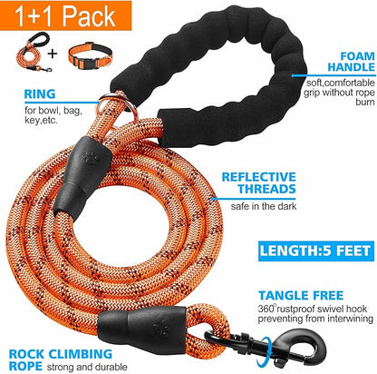 Ladoogo Reflective Dog Collar Padded with Soft Neoprene Breathable Adjustable Nylon Dog Collars for Small Medium Large Dogs (X-Small (Pack of 1), Orange Collar+Leash)