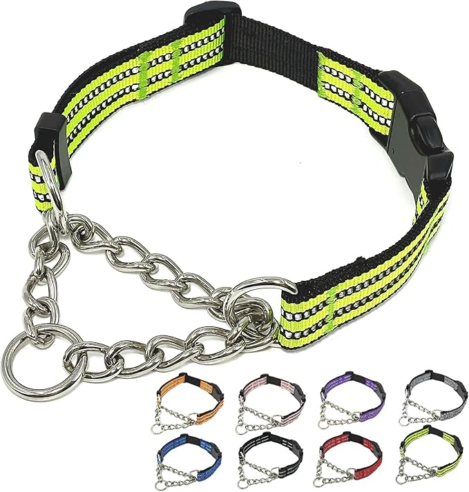 Martingale Dog Collars, Reflective Nylon Collar with Stainless Steel Chain, Adjustable Walking Training Dog Collars with Quick Release Buckle, Suitable for Small Medium Large Dogs(Green,L)