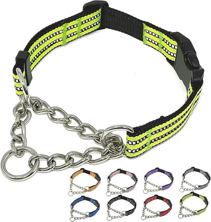 Martingale Dog Collars, Reflective Nylon Collar with Stainless Steel Chain, Adjustable Walking Training Dog Collars with Quick Release Buckle, Suitable for Small Medium Large Dogs(Green,L)