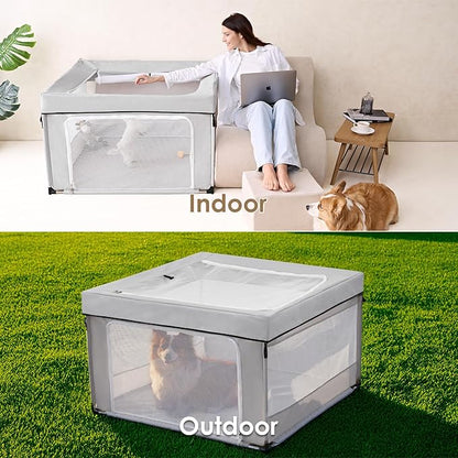 EHEYCIGA 42x42x26 Inches Puppy Playpen with Top Cover for Dogs & Cats Indoor or Outdoor - Dog Playpen with Door, Dog Fence for Small Animal with Heavy-Duty Oxford & Steel Frame, Sliver Grey