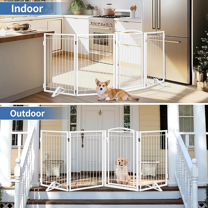 Metal Freestanding Dog Gate with Cat Door for Indoor/Outdoor,80" Extra Wide Foldable Pet Gate,32" Tall Foldable Indoor Dog Fence for Large Openings Stairs,Deck,Yard,Doorways(4 Panels,White)