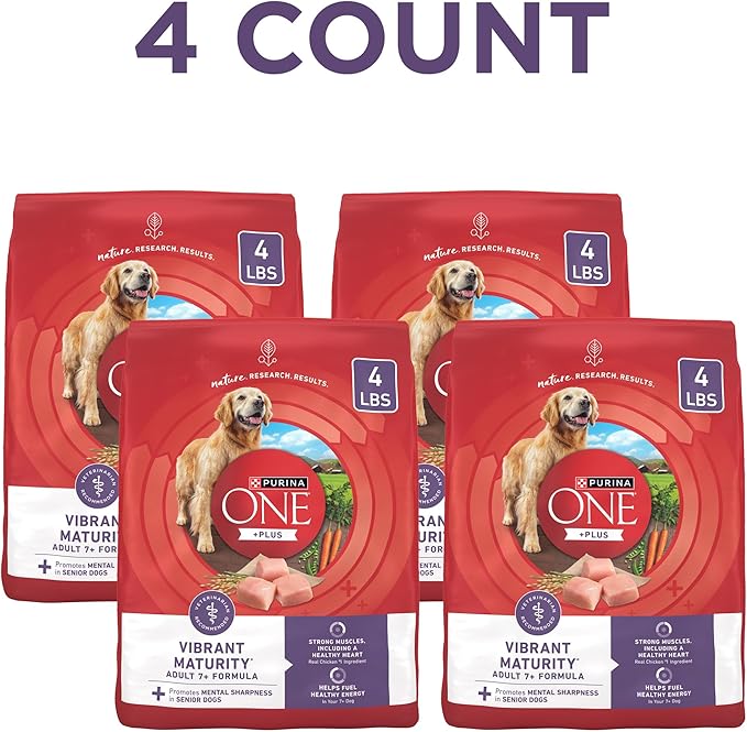 Purina ONE High Protein Dry Senior Dog Food Plus Vibrant Maturity Adult 7 Plus Formula - (Pack of 4) 4 lb. Bags