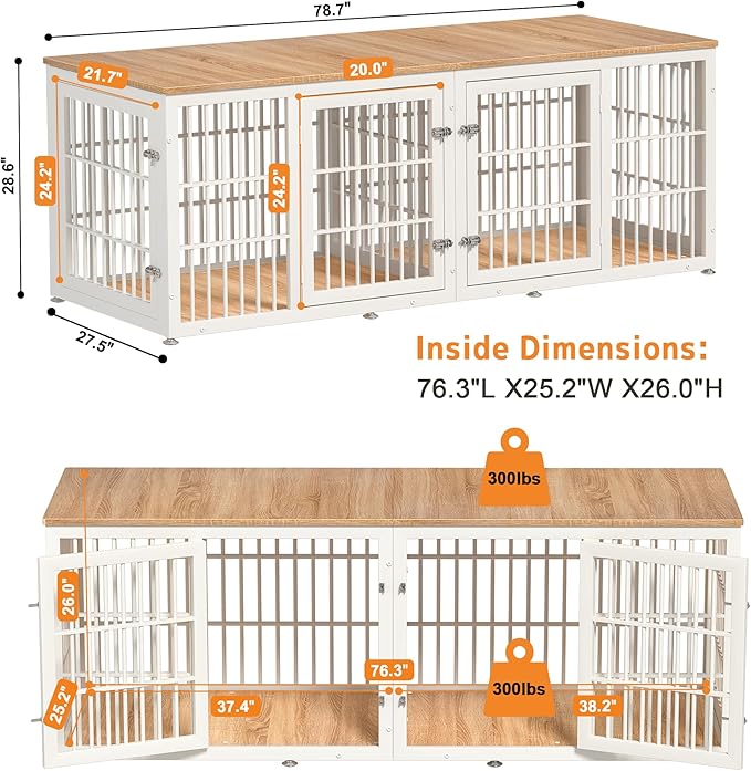 rehomerance 78 Inch Double Dog Crate Furniture, Heavy Duty Extra Large Cage Furniture with Divider for 2 Dogs, Decorative Wooden Kennel Indoor, Pet House for Large and Medium Dogs, White
