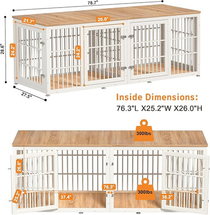 rehomerance 78 Inch Double Dog Crate Furniture, Heavy Duty Extra Large Cage Furniture with Divider for 2 Dogs, Decorative Wooden Kennel Indoor, Pet House for Large and Medium Dogs, White