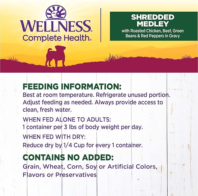 Wellness Petite Entrees Shredded Medley Small Breed Adult Wet Dog Food, Grain Free, Natural, Roasted Chicken, Beef, Green Beans, and Red Peppers, 3 oz, Pack of 12 Cups