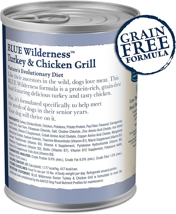 Blue Buffalo Wilderness Natural High Protein Wet Food for Senior Dogs,Turkey & Chicken,12.5-oz Cans,(Pack of 24)