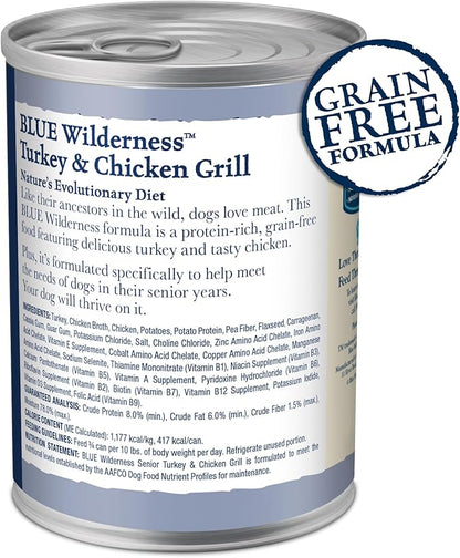 Blue Buffalo Wilderness Natural High Protein Wet Food for Senior Dogs,Turkey & Chicken,12.5-oz Cans,(Pack of 24)
