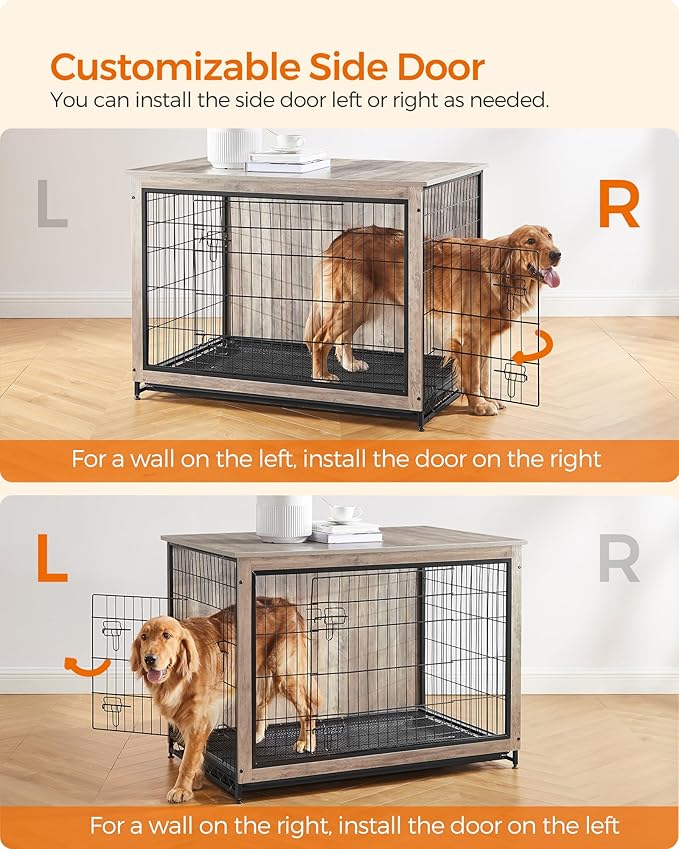 Feandrea 44.1" Dog Crate Furniture, Indoor Dog Cage Side End Table, XL Pet Wood Kennel for Large and Medium Dogs up to 80 lb with Multi-Purpose Removable Tray, Double-Door Pet House, Greige
