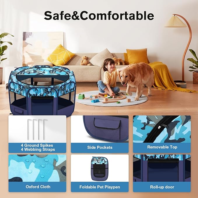 48" Large Pop Up Dog Playpen & Whelping Box for Dogs, Portable Foldable Puppy Playpen with Waterproof Bottom, Pet Tent Exercise Pen for Camping/Indoor, Includes Bowl & Carry Bag