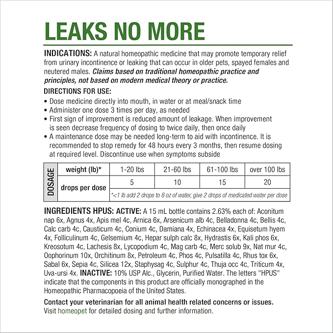 HomeoPet Leaks No More, Safe, Gentle, and Natural Supplement for Cat and Dog Urinary Incontinence Relief, 15 Milliliters
