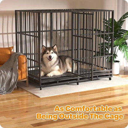 Hiwokk 54 Inch Heavy Duty Dog Crate, Indestructible Escape-Proof Dog Kennel for High Anxiety Large Dogs, Strong Metal Pet Cage with Double Doors, Lockable Wheels & Removable Tray, XL XXL XXXL
