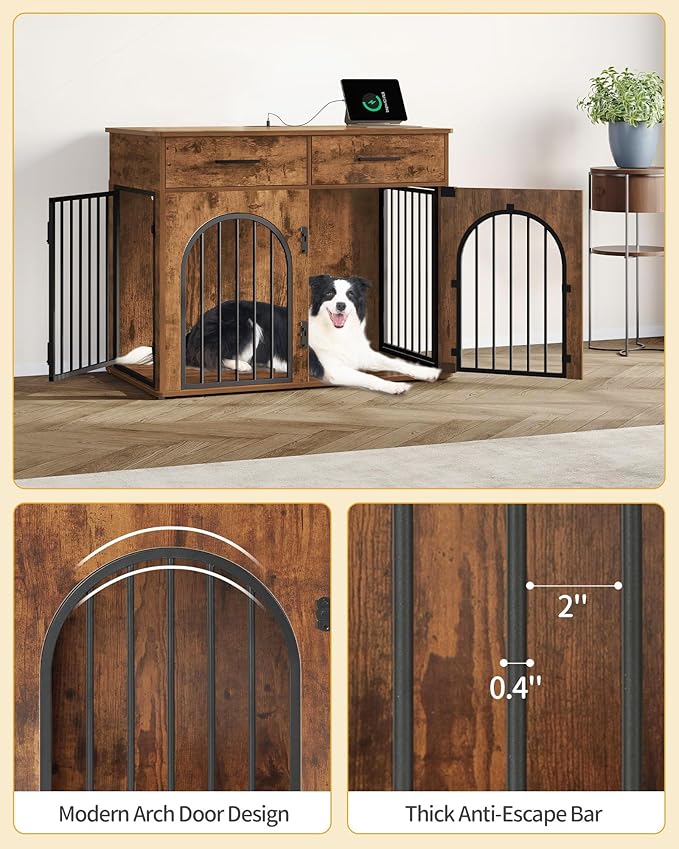 Hzuaneri 39.4'' Dog Crate Furniture with 2 Drawers, Indoor Dog Kennel with Charging Station, Wooden Dog Cage Side End Table Kennel for Medium/Large Dogs, Rustic Brown DFC84201B