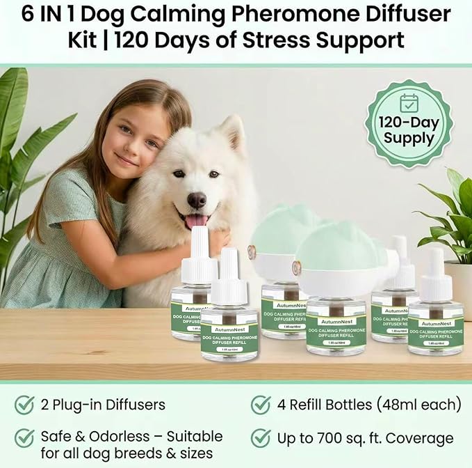 Dog Pheromone Diffuser Kit, Pet Diffuser for Stress Support, Reduces Stress and Promotes Relaxed Behavior, 2 Plug-in + 4 Packs Refill, 120 Day Supply (Non-Toxic, Safe & Inedible), Diffuser with Light