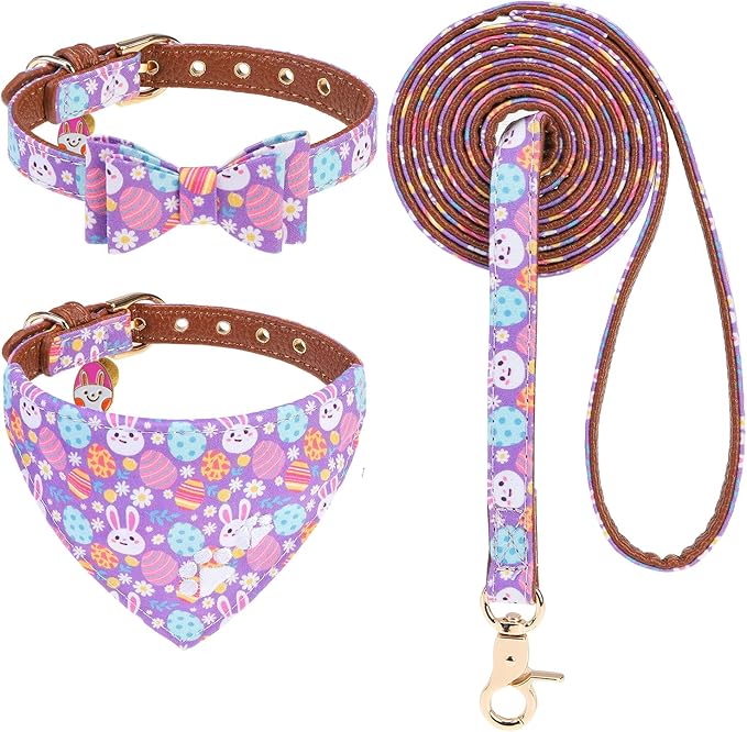 EXPAWLORER Easter Dog Collar and Leash Set - Egg Bunny Pattern Bow Tie & Bandana Embroidery Holiday Pet Collars with Bell, Soft Tangle Free Leash for Dogs Cats Outdoor Walking, Small