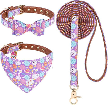 EXPAWLORER Easter Dog Collar and Leash Set - Egg Bunny Pattern Bow Tie & Bandana Embroidery Holiday Pet Collars with Bell, Soft Tangle Free Leash for Dogs Cats Outdoor Walking, Small
