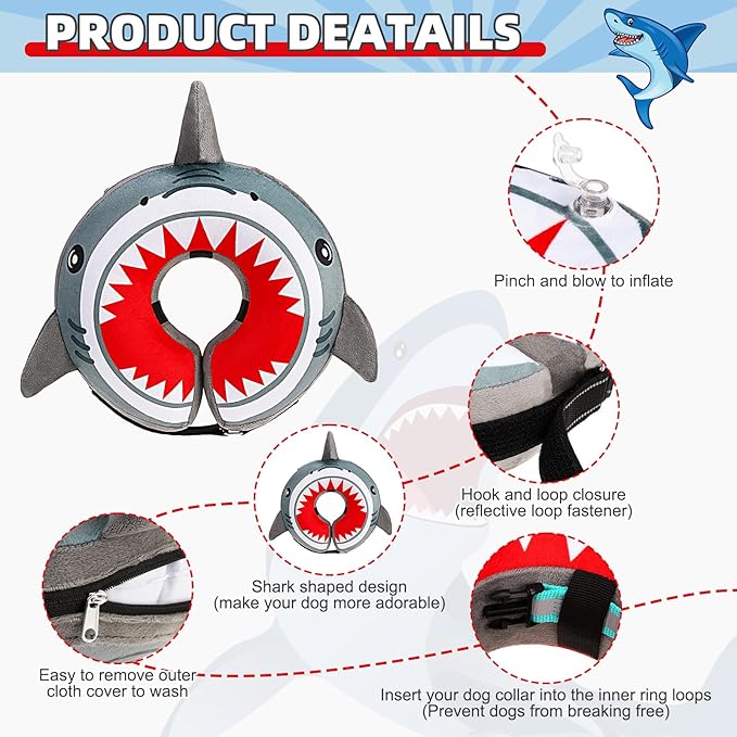 KOOLTAIL Inflatable Dog Cone Collar, Soft Donut E Collar for Dogs After Surgery to Stop Licking Enhanced Alternative, Blow Up Pet Neck Pillow Recovery Adjustable Cone for Dog Cat, Upgrade Size,Shark M