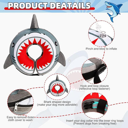 KOOLTAIL Inflatable Dog Cone Collar, Soft Donut E Collar for Dogs After Surgery to Stop Licking Enhanced Alternative, Blow Up Pet Neck Pillow Recovery Adjustable Cone for Dog Cat, Upgrade Size,Shark L