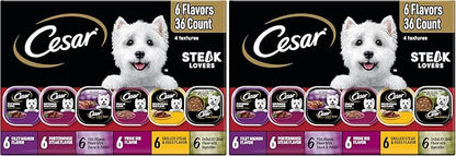 Cesar Wet Dog Food Steak Lovers Variety Pack,Adult,Wet Food for Dogs with Real Meat,3.5 oz Easy Peel Trays,36 Count (Pack of 2)