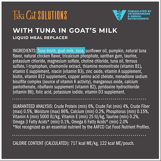 Tiki Cat Solutions Liquid Meal Replacer Wet Cat Food, Tuna in Goat's Milk, 6 oz. Spout Pouch (6 Pack)