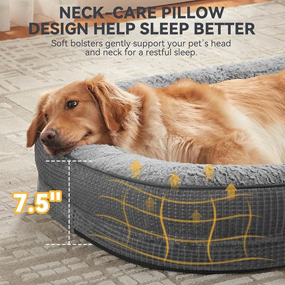 JOEJOY Orthopedic Dog Beds Large Sized Dog, XL Egg-Crate Memory Foam Pet Couch Bed with Bolster Sides, Waterproof Lining, Removable Washable Cover & Non-Slip Bottom, Grey