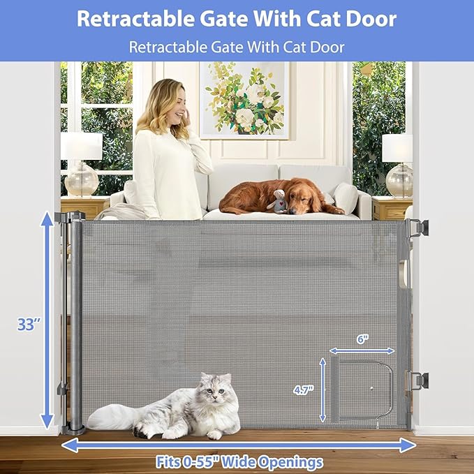 Retractable Dog Gate with Cat Door 55" Wide Retractable Pet Gate with Cat Door Mesh Dog Gate Retractable Baby Gates for Doorway Retractable Puppy Gate for The House Retractable Outdoor Gate for Deck