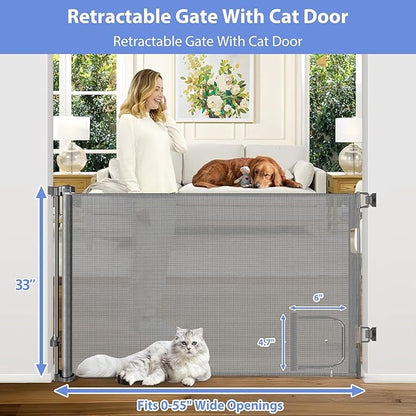 Retractable Dog Gate with Cat Door 55" Wide Retractable Pet Gate with Cat Door Mesh Dog Gate Retractable Baby Gates for Doorway Retractable Puppy Gate for The House Retractable Outdoor Gate for Deck