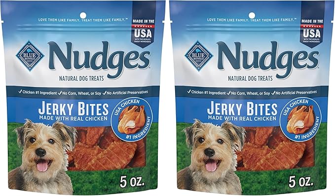 Blue Buffalo Nudges Jerky Bites Dog Treats, Made in The USA with Natural Ingredients, Bite-Sized Pieces, Chicken, 5-oz Bag (Pack of 2)
