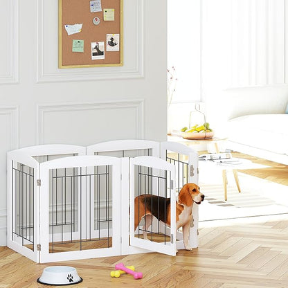 PAWLAND 6 Panels Dog Gate Indoor with Walk Through Door, Foldable FreeStanding Pet Gate for Doorways, Stairs, The Houes, Pet Puppy Safety Fence, 120 in Extra Wide, Support Feet Included, White