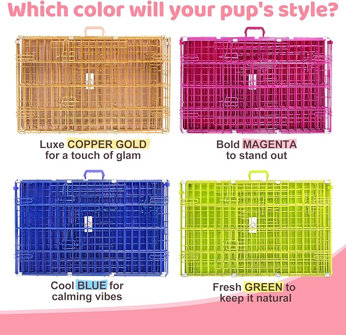 HOMEY PET 30 Inch Pink Dog Crate, Cute Dog Cage Medium Sized Collapsible Small Dog Kennel Indoor Nano-Coated Metal Wire Dog Crate with Removable Floor Grid Tray, Double Doors Dual Locks, Handle