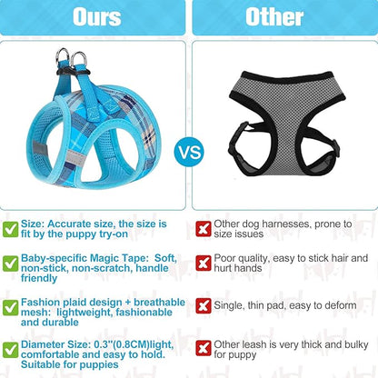BEAUTYZOO Small Dog Harness and Leash Set,Step in No Choke No Pull Soft Mesh Dog Harnesses Reflective for Extra-Small Medium Puppy Dogs and Cats, Plaid Vest Harness for XS S Pets, Blue S