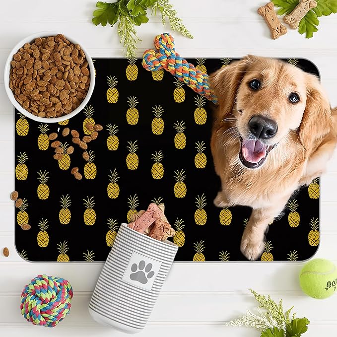 Dog Food Mat for Floors,Pineapple Tropical Absorbent Quick-Dry Pet Feeding Mat,Cat Dog Bowl Mats for Food and Water,Non-Slip Pet Accessories Supplies 16"x24"