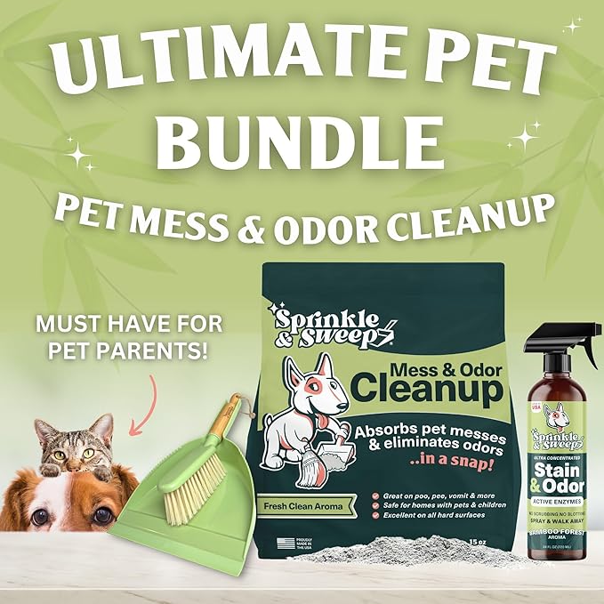 Sprinkle & Sweep: Pet Mess & Odor Cleanup Bundle - 15oz Bag, Dustpan Broom, 24oz Enzyme Stain Spray - Dog Accident Clumping Powder & Spot Treatment