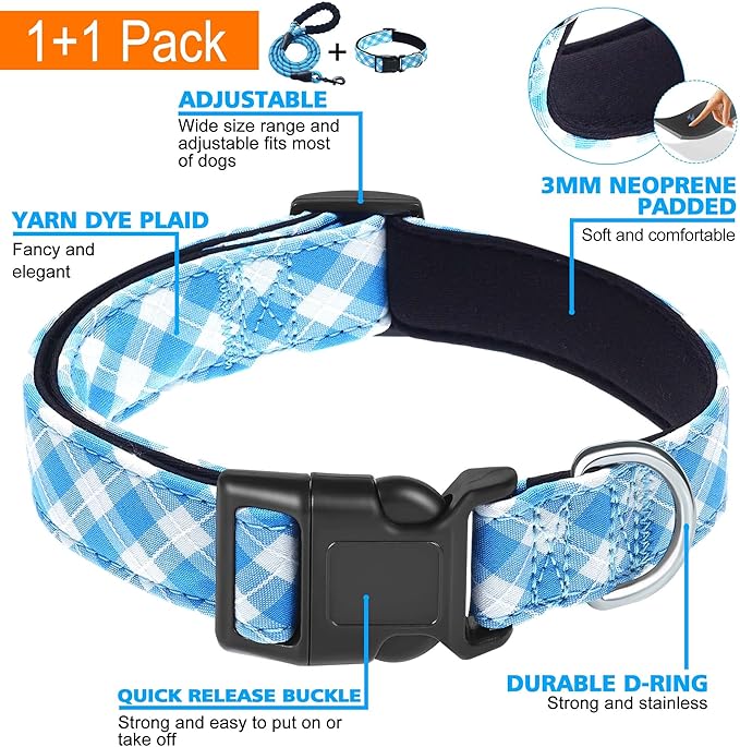 Ladoogo Reflective Dog Collar Padded with Soft Neoprene Breathable Adjustable Nylon Dog Collars for Small Medium Large Dogs (Medium (Pack of 1), Vivid Blue Plaid Collar+Leash)