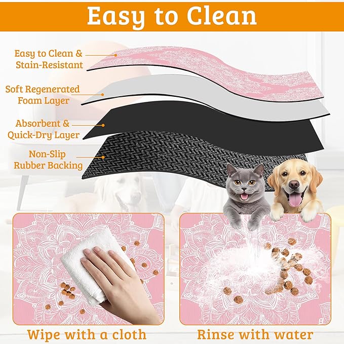 Pet Feeding Mat,Boho Mandala Absorbent Dog Cat Food Mat Pink Flower Dog Mat with Rubber Backing,Non-Slip Water Bowl Placemat,Pet Supplies 16" x 24"