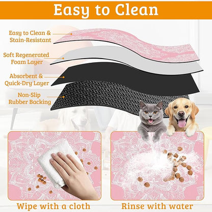 Pet Feeding Mat,Boho Mandala Absorbent Dog Cat Food Mat Pink Flower Dog Mat with Rubber Backing,Non-Slip Water Bowl Placemat,Pet Supplies 12" x 20"
