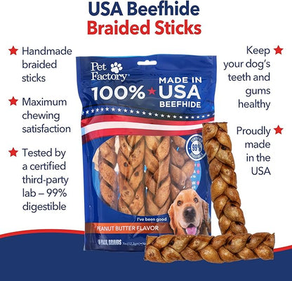 Pet Factory 7in Braided Beefhide Dog Chew Sticks with Peanut Butter Flavor - 100% USA Made Rawhide Chews for Medium Dogs,Long Lasting Dental Health,7 inches,6 Count (Pack of 2)