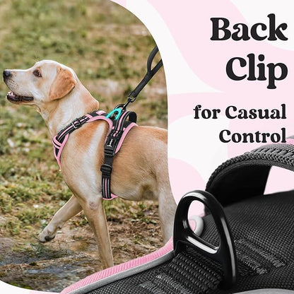 rabbitgoo Dog Harness for Large, No Pull Pet Harness with 3 Buckles, Adjustable Soft Padded Vest with Control Handle, Walking Reflective Pet Vest for Large Dogs, Black & Pink, L