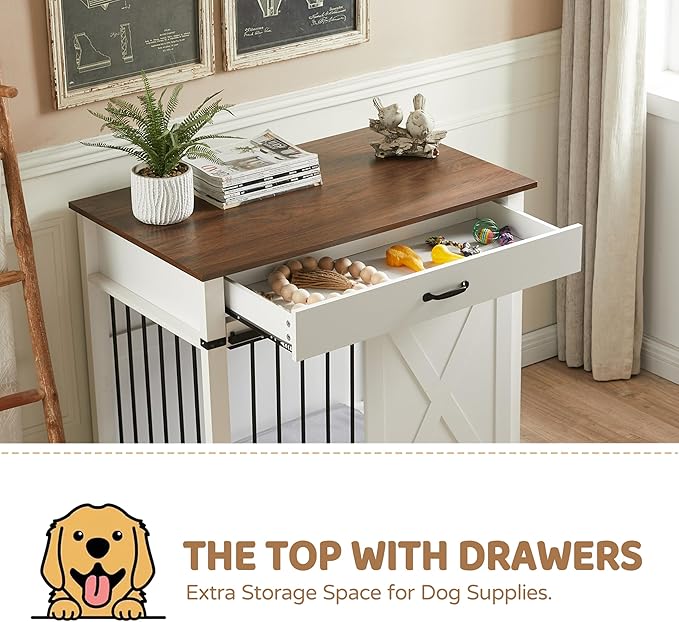 37.8" Furniture Style Dog Crates with Drawer, Farmhouse Wooden Dog Kennel Furniture with Sliding Barn Door & Water Resistant for Small/Medium/Large Dog, White